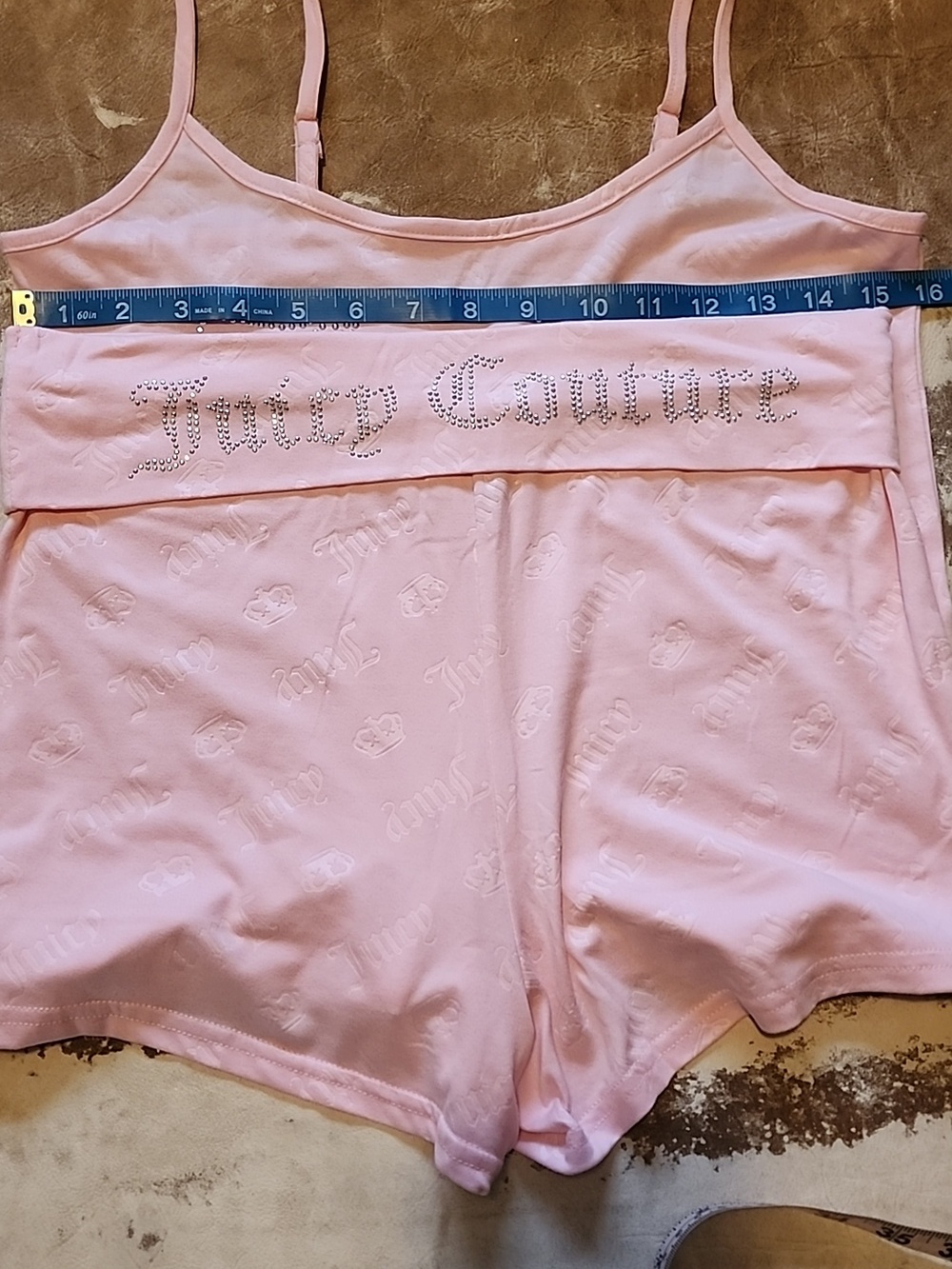 Juicy Couture Light Pink Rhinestone Logo Cami & Shorts Set. Size: L - Picture 2 of 3